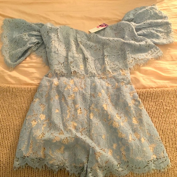 Floral Blue Lace Off-The-Shoulder Romper - Picture 1 of 3